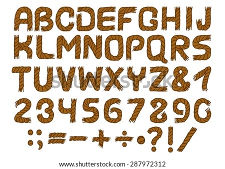 Rope alphabet and number brown of handwritten vector set.English alphabet. Marine background