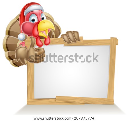 A cartoon Christmas turkey in a Santa hat giving a thumbs up above a sign