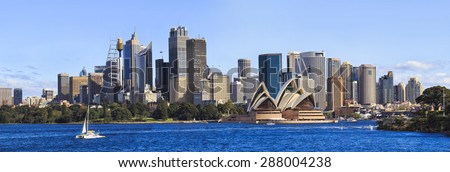Australian SYdney cityline panorama from harbour with major skyscrapers forming landmark CBD