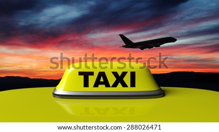 Yellow taxi car roof sign with sunset sky and airplane black silhouette