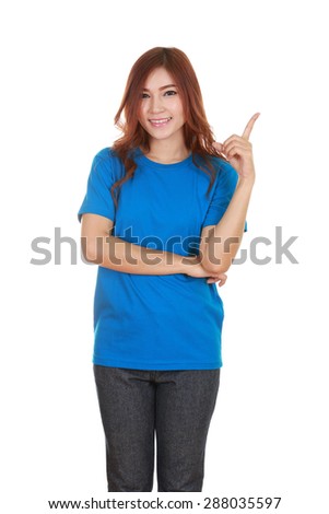 Woman think of idea with blue t-shirt isolated on white background