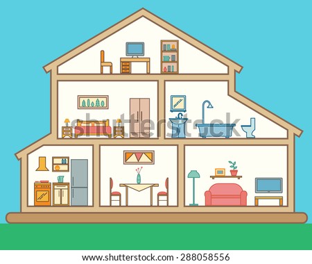 House in cut. Detailed modern house interior. Rooms with furniture.  Flat linear style vector illustration.