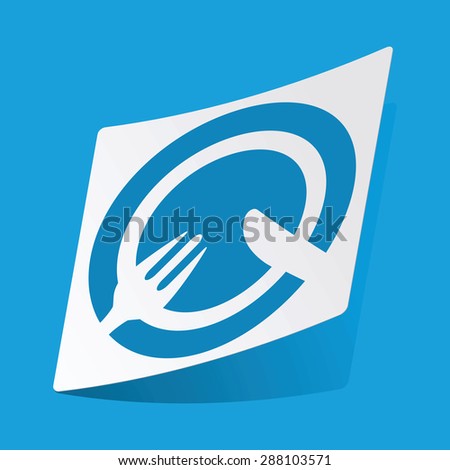 Sticker with image of fork and knife lying on plate, isolated on blue