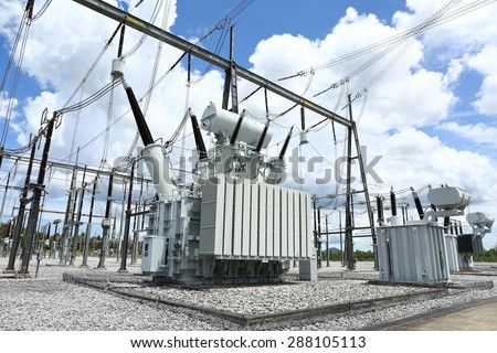 High voltage power transformer substation Royalty-Free Stock Photo #288105113