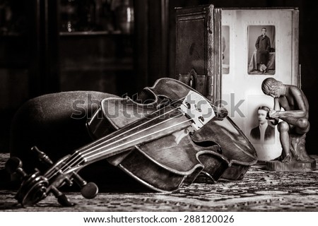 violin - still life with a wooden figure, monochrome version, due to the character contains grain / noise ratio and enhanced details