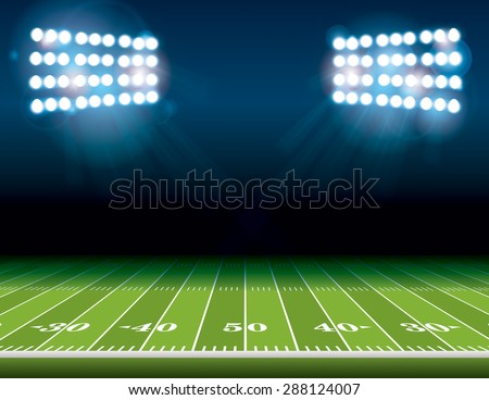An illustration of an American Football field with bright stadium lights shining on it. Vector EPS 10. Room for copy.