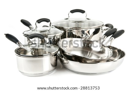 Stainless steel pots and pans isolated on white background Royalty-Free Stock Photo #28813753