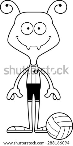 A cartoon volleyball player ant smiling.