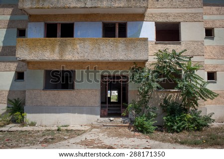 Color picture of vegetation on an abandoned building
