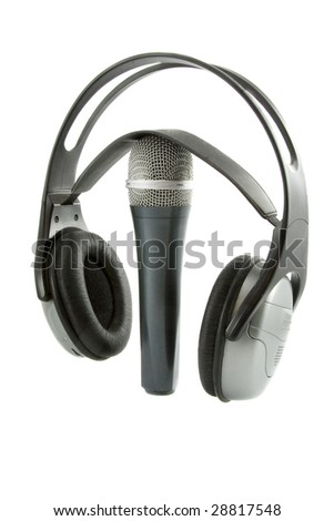 On The Air! Microphone & DJ wireless headphones on it isolated over white background