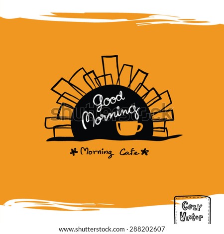 Hand drawing coffee cup with sun rise logo vector.