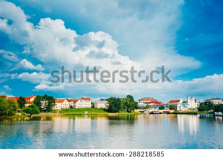 Building In Old Part Minsk, Downtown Nyamiha, Nemiga View With Svisloch River, Belarus. The Trinity Hill is the oldest surviving district of Minsk - Trojeckaje Pradmiescie Royalty-Free Stock Photo #288218585