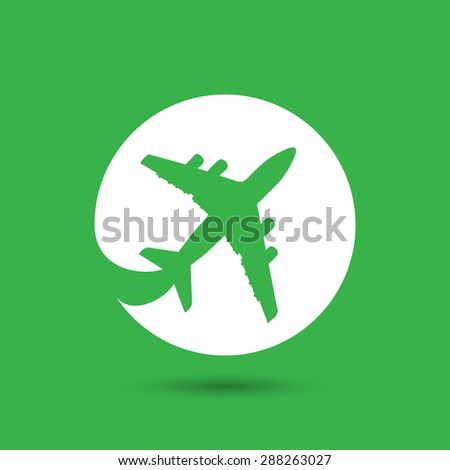white flat airplane pictogram on the green background