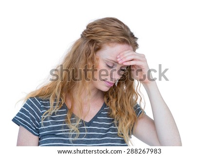 Blonde woman having headache on white background
