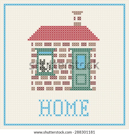 cross stitch home with cat on the window