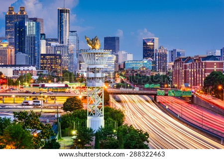 Atlanta, Georgia, USA downtown skyline over Interstate 85.
