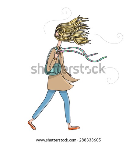 Vector illustration with girl at windy day