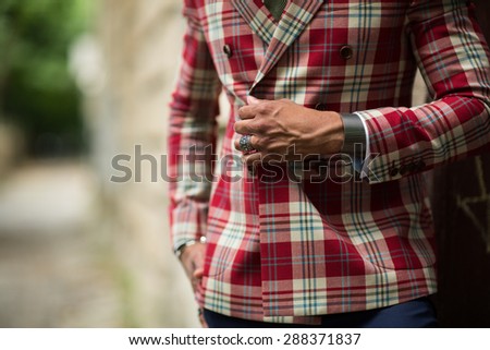 Fashion smart casual man in old city. Luxury street style. Royalty-Free Stock Photo #288371837