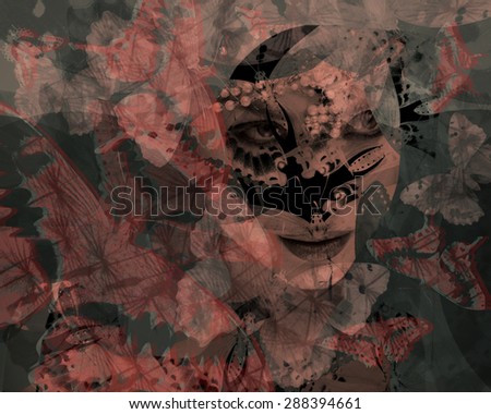 Collage. Young woman looking through vintage butterflies