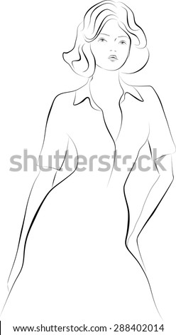 A sketch of a young girl in a dress on a transparent background.