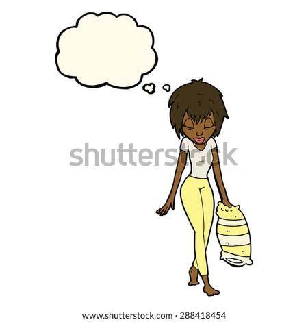 cartoon woman going to bed with thought bubble