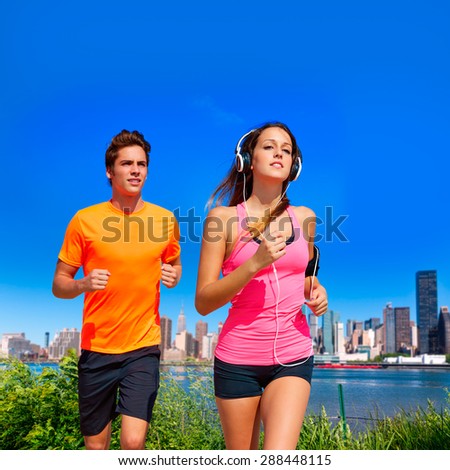 Couple running in New York photo mount in pink and orange colors