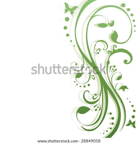 Butterflies fluttering around foliage. Floral background in shades of green, simple gradient. Place for your text.