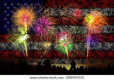 Firework celebration with American Flag Background.