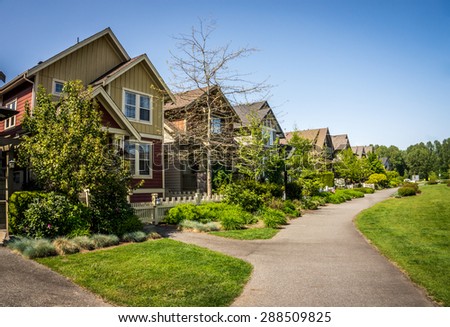 Suburbia in Fort Langley, a historic village in the Fraser Valley of British Columbia in Western Canada. Royalty-Free Stock Photo #288509825