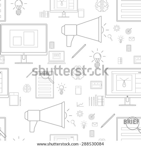 Seamless grey pattern background with icons in lines style for design and computer work