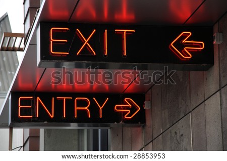 Exit and entry neon signs in Christchurch, New Zealand