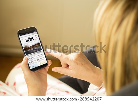 mobility and modern communications concept: young woman with a 3d generated smartphone with news site on the screen. All screen graphics made up.
