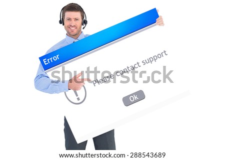 Businessman showing card wearing headset against error message