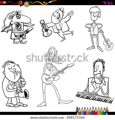 Coloring Book Cartoon Vector Illustration of Musicians Playing Musical Instruments Characters Set