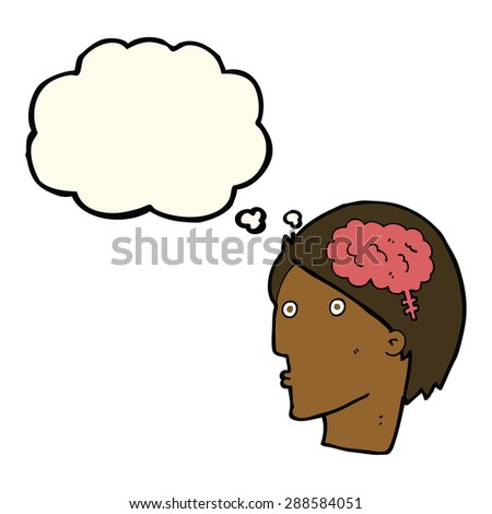 cartoon man with brain symbol with thought bubble