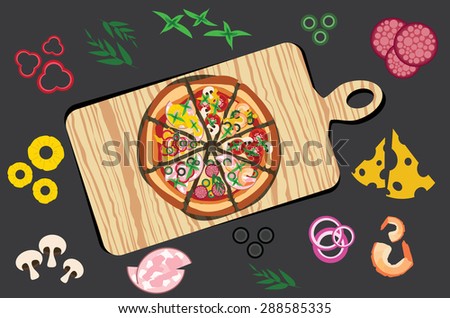 Vector pizza with ingredients lying around, flat design illustration