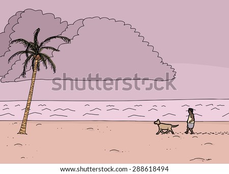 Cartoon tropical ocean monsoon scene with man and dog