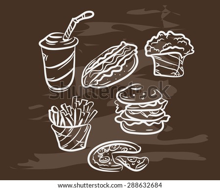 Collection of hand-drawn fast food on blackboard. Retro vintage style .