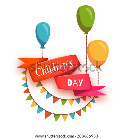 Red ribbon with Children's Day title, balloons and flags. Vector illustration.