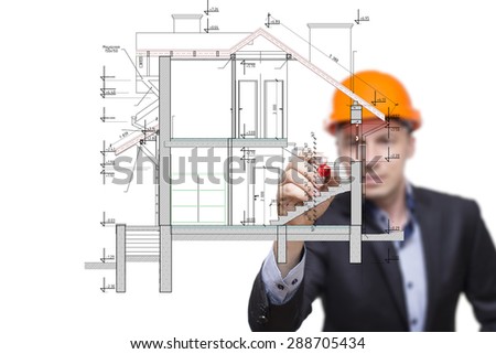 The engineer, architect draw the building plan on glass.