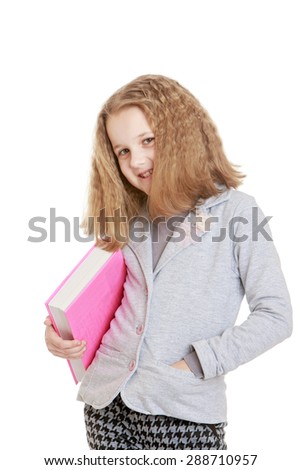 Caucasian girl schoolgirl holding a book under his arm , close-up-Isolated on white background