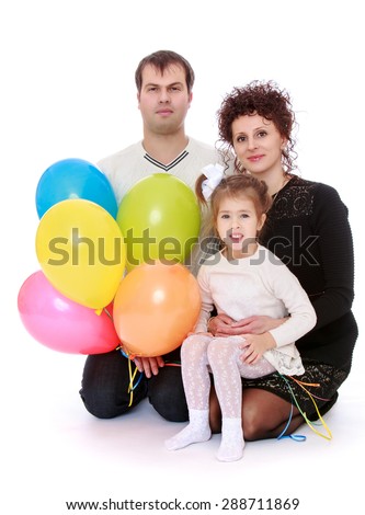 young family of three mom dad and little daughter together with balloons-Isolated on white background