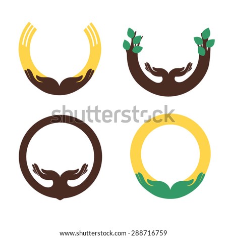 Some round symbols with human palms for design / There are circle and half-circle shapes with human palms in them
