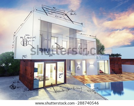 Project of a luxury villa under construction Royalty-Free Stock Photo #288740546
