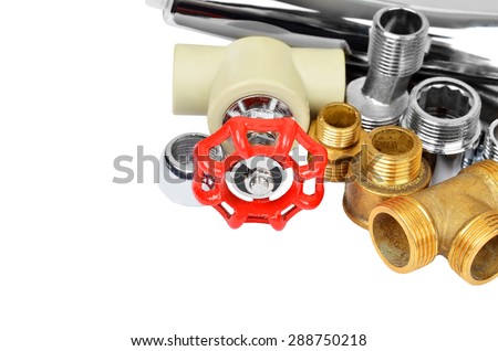 Plumbing fitting and tap, isolated on white background
