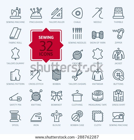 Thin lines web icon set - sewing equipment and needlework