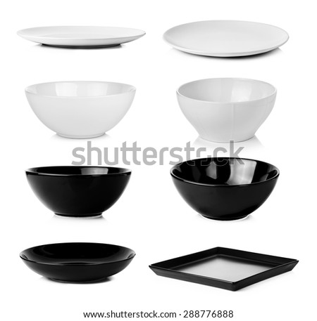 Collection of bowl plate dish isolated on a white background.