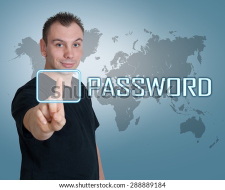 Young man press digital Password button on interface in front of him