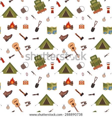 Seamless pattern camping equipment symbols and icons made in vector