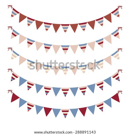 Garlands of festive flags bright triangular shape isolated on white background. Holiday Clip Art.